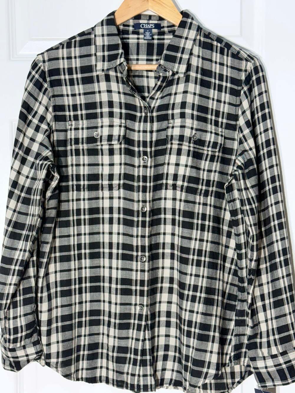 Chaps Black and Ivory Plaid Button-Up Long Sleeve Shirt, Women's Size M